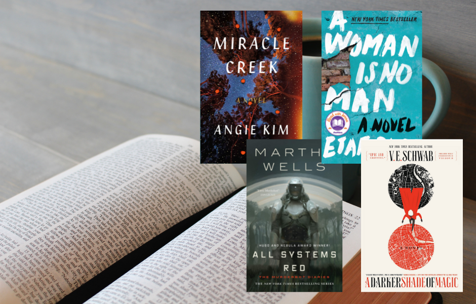 img: four book covers over a stock photo of an open book. titles are "miracle creek," "a woman is no man," "all systems red," and "a darker shade of magic"