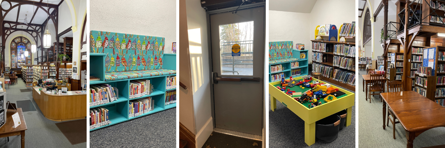 appeal highlight Image: five photos, library interior, a reading bench with built in bookcase, a new accessible door, duplo table within the children's area, library interior