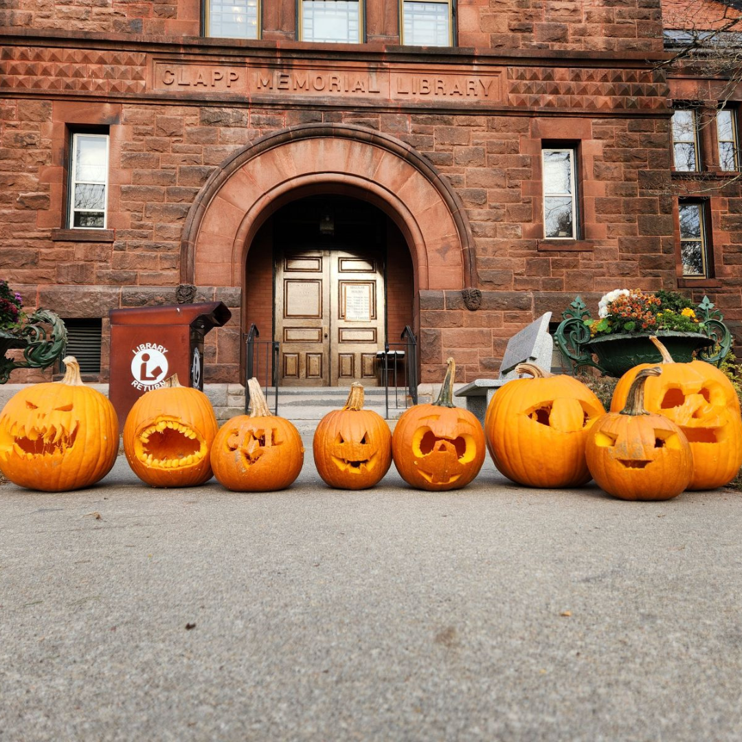 carved pumpkins in front of the library